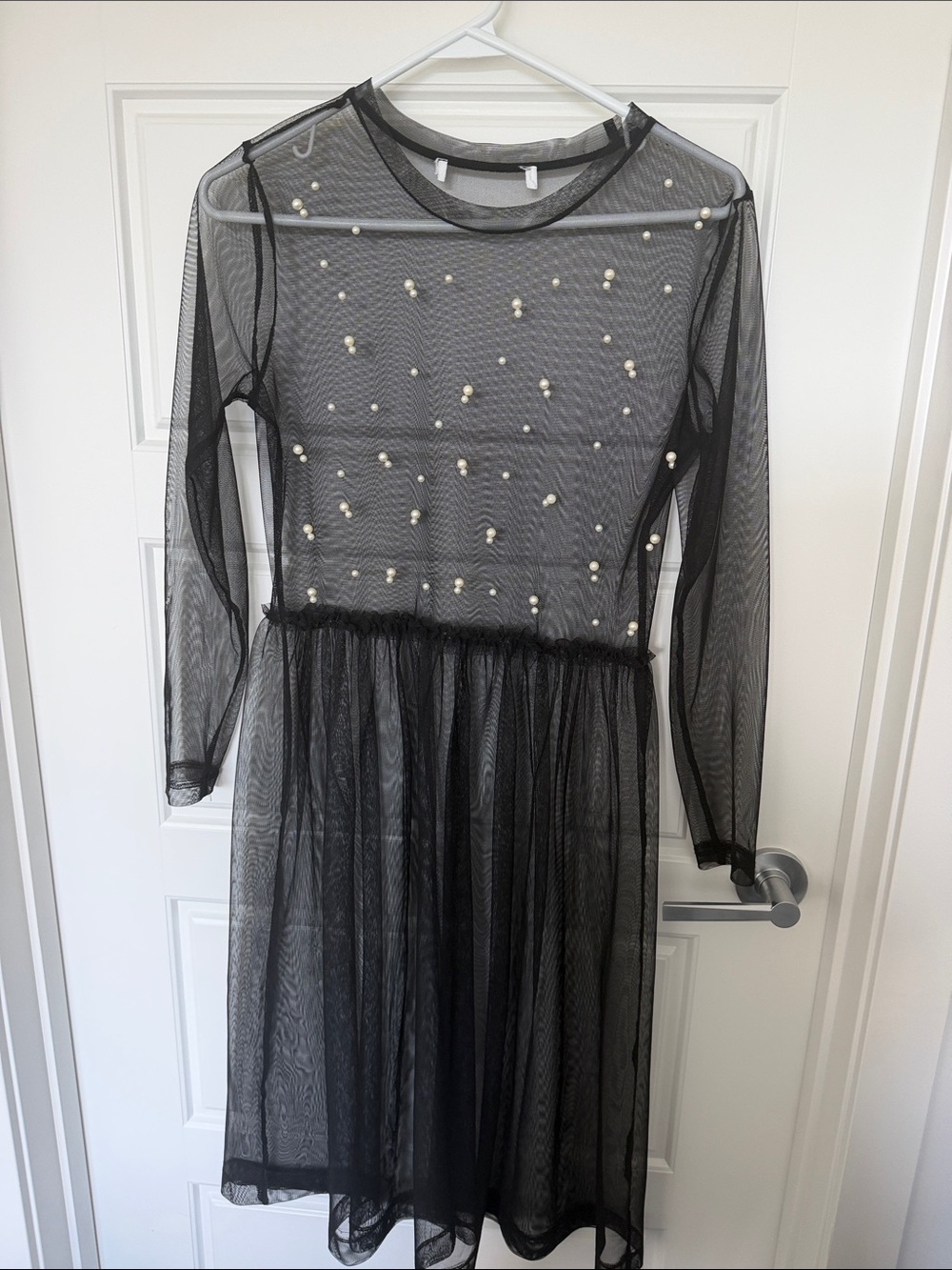 Sheer Black Mesh Dress with Pearl Embellishments